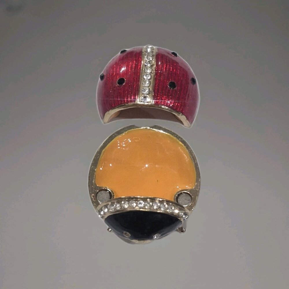 Vtg Cloisonne Trinket Box Ladybug Enamel Crystal Red Black Gold - Picture 4 of 7